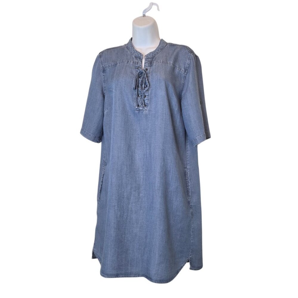 Philosophy Blue Denim Midi Dress Shirt V Neck Lace Up Tab Sleeves Size L